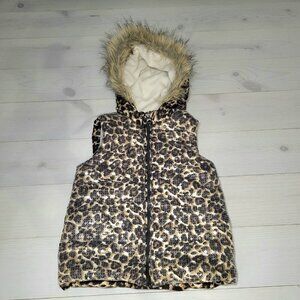 Est. 1989 PLACE Girl's puffer vest leopard sequin faux fur trimmed hood zip up.